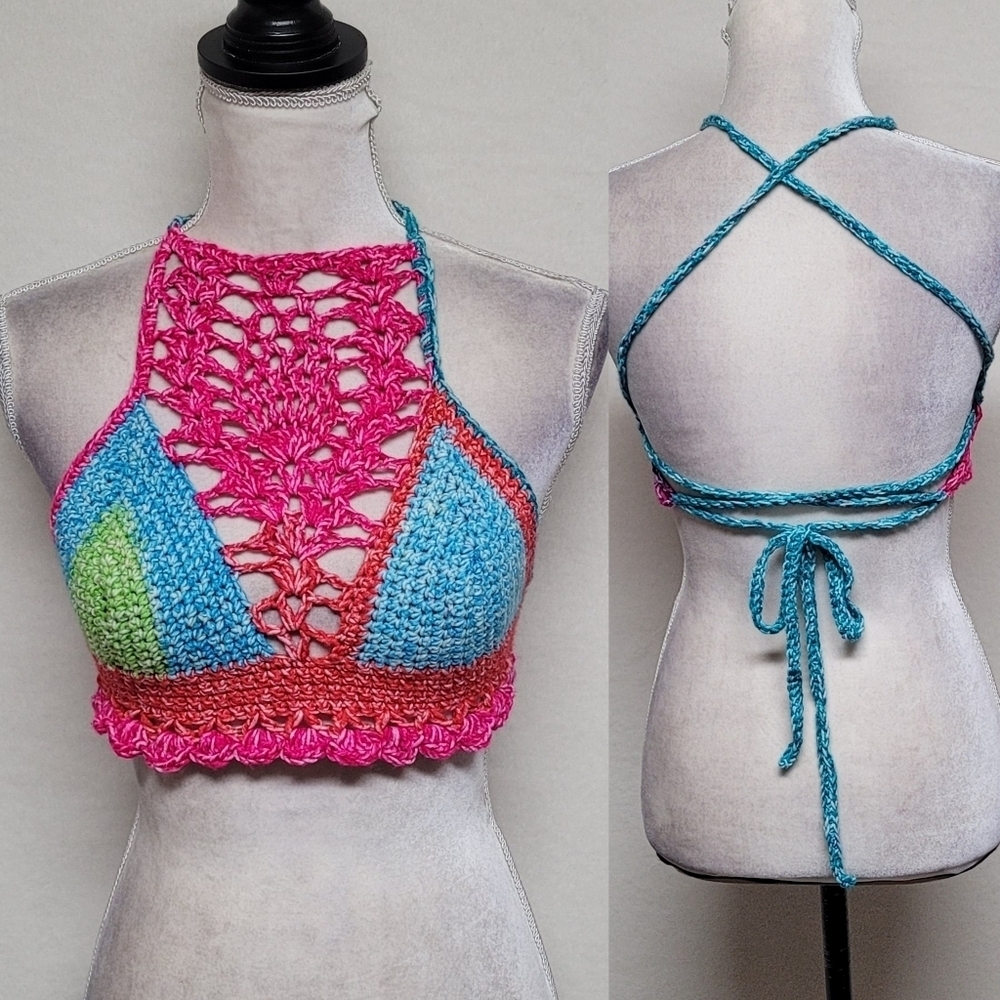 Sexy Handmade Pineapple Crochet Neon Pink Green Tie-Back Racerback Crop Top OSFA